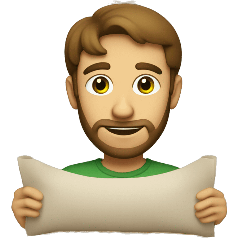 a light-skinned green-eyed man with brown hair sitting in front of the paper scroll  emoji