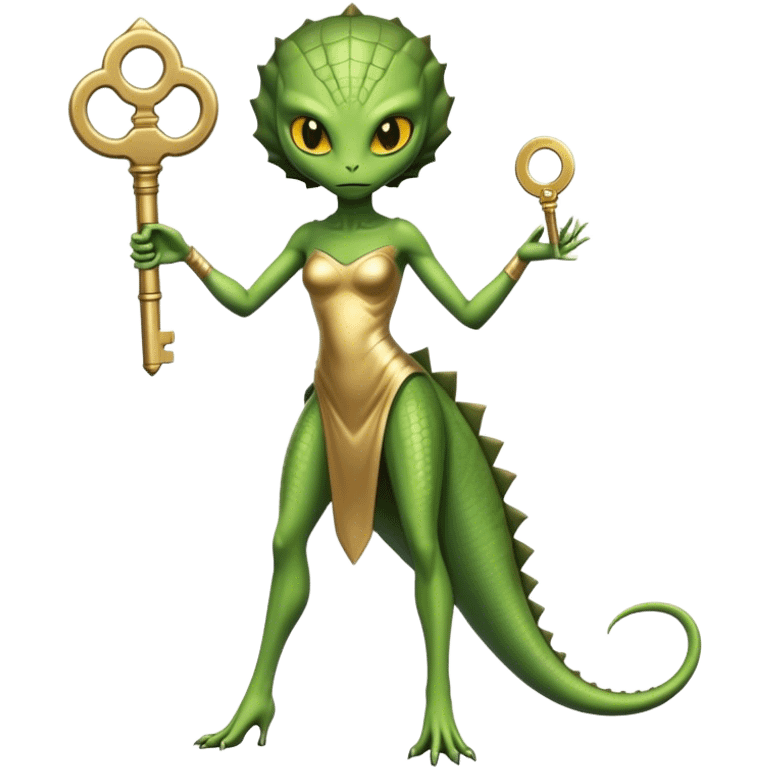 a reptilian alien woman full body, in gold dress, hold big key, yellow eyes emoji