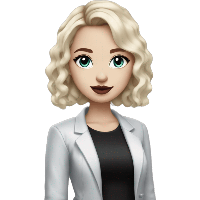 Slavic adult woman, goth eyes makeup, pink lips, blue eyes, medium bob black-to-blonde ombre light wavy hair, white T-shirt and black office jacket. emoji