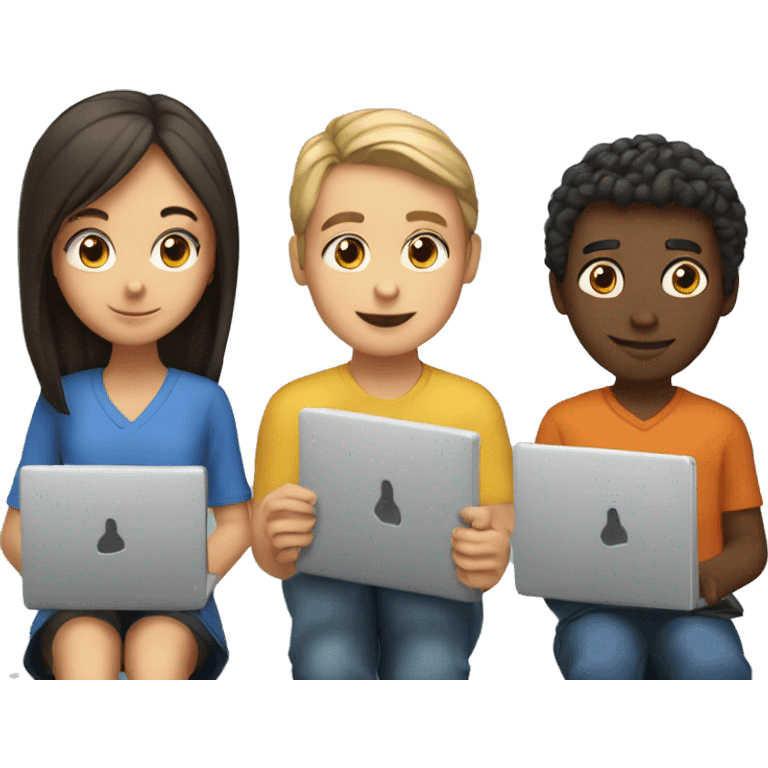 2 girl and 3 man each of them holding laptop and sit together  emoji