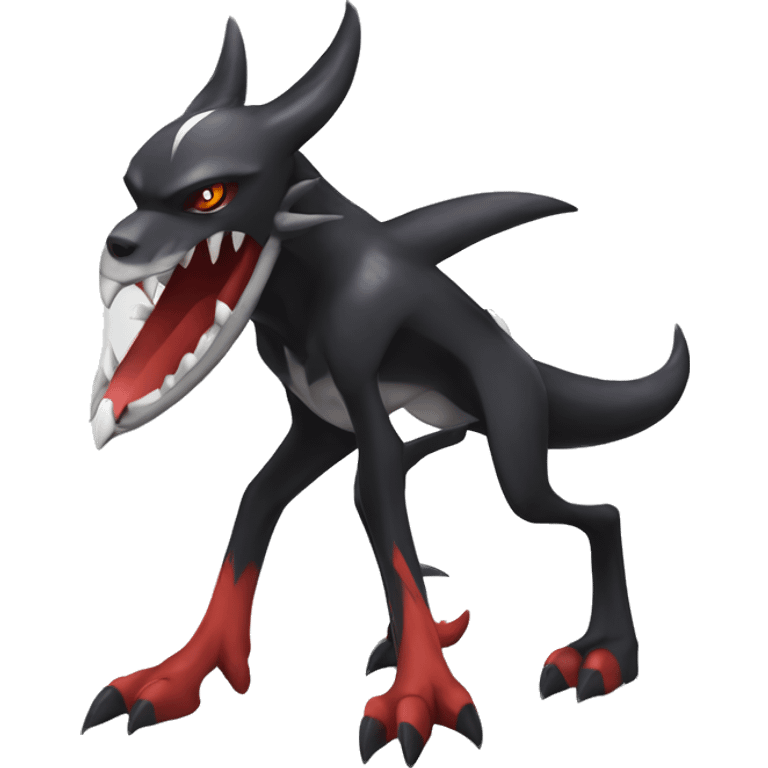 Black Cool Edgy Nargacuga-Houndoom-Garchomp Fakémon Digimon with Red and white Edgy markings, full body, outlined emoji