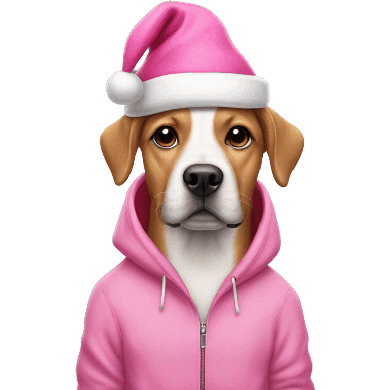 Dog wearing a pink hoodie and a pink Santa hat emoji