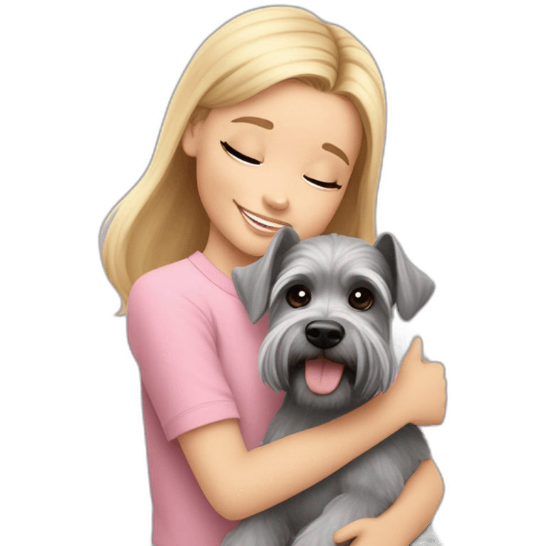 A seven-year-old girl with blonde hair in a light pink T-shirt and rainbow leggings hugs a gray miniature Schnauzer dog emoji