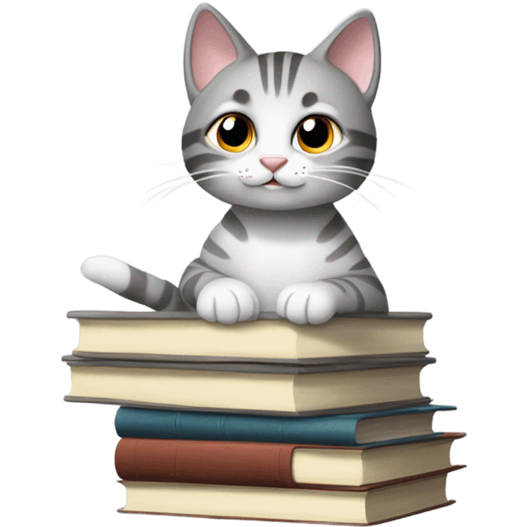 A minimalistic emoji-tstyle illustration of a grey tabby cat with white paws and chest, sitting on a stack of books and papers. The cat looks to the side with perked ears, and its tail extends slightly off the surface. The background is simple and neutral, with a hint of a window or curtain for context. emoji