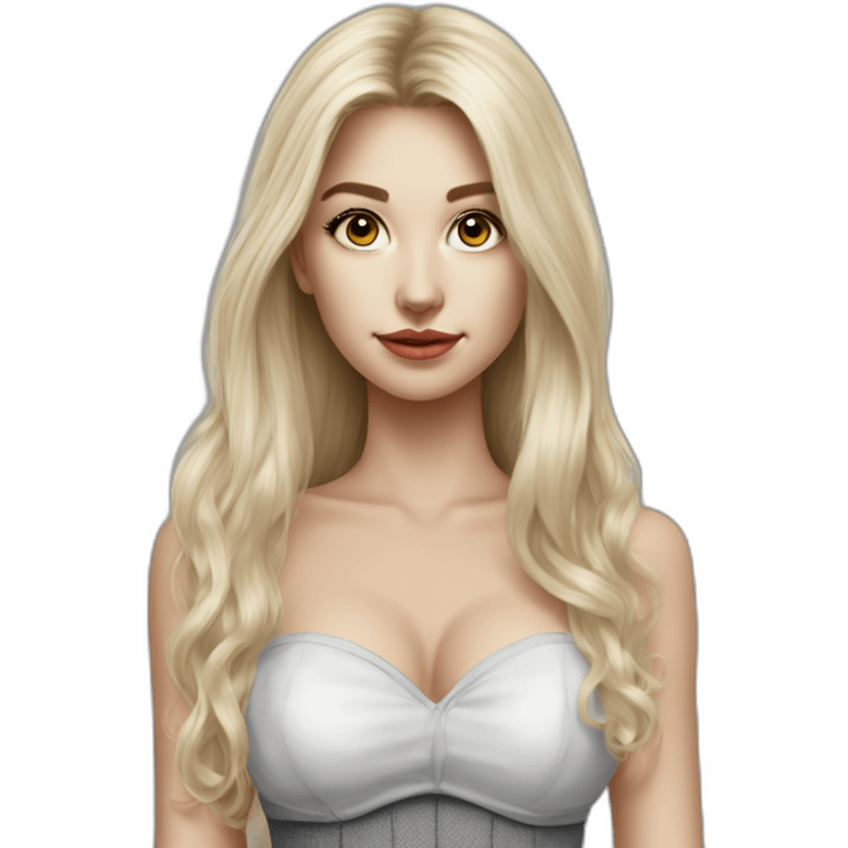 caucasian straight long haired blonde, white bustier, tight grey mini skirt, hyperrealist drawing emoji