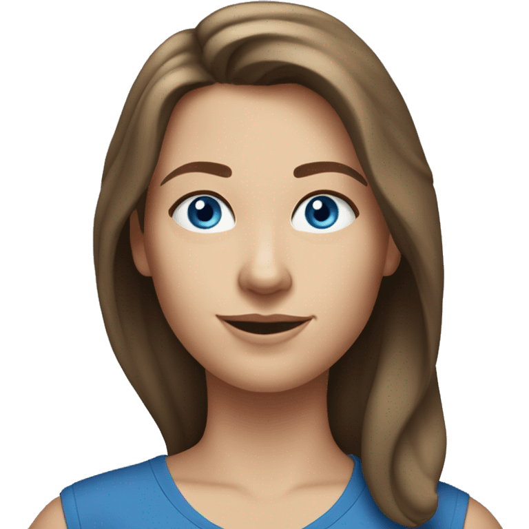 A head and shoulders shot of a 32 year old white woman, with long brown hair,   with blue eyes wearing a t-shirt. emoji