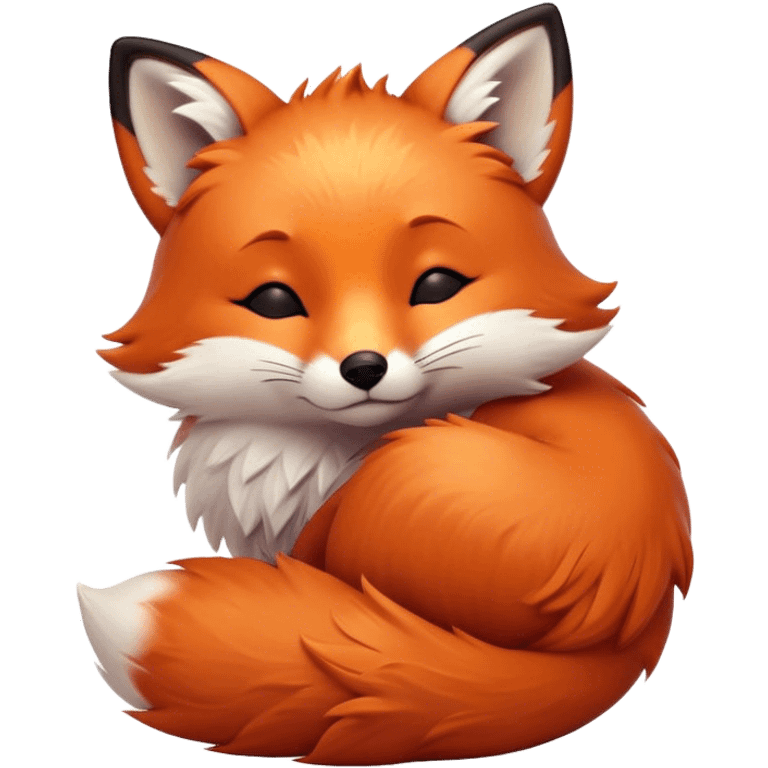 Cinematic cute sleepy fox, curled into a cozy fluffy ball, warm glowing fur, tiny black nose resting on its tail, soft breathing visible, peaceful and charming. emoji