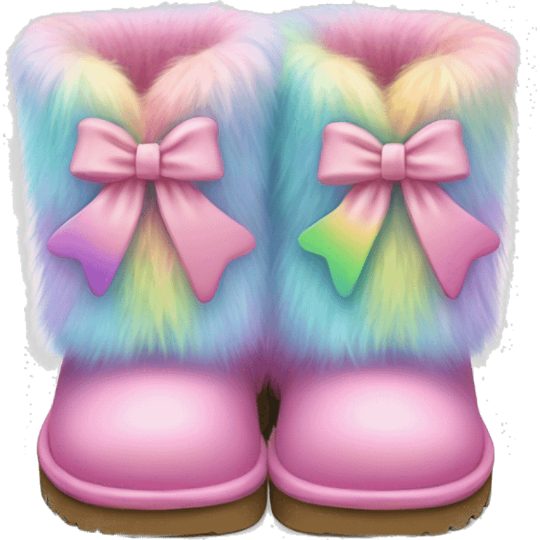 Realistic pair of pastel rainbow fur Ugg boots with bows. emoji