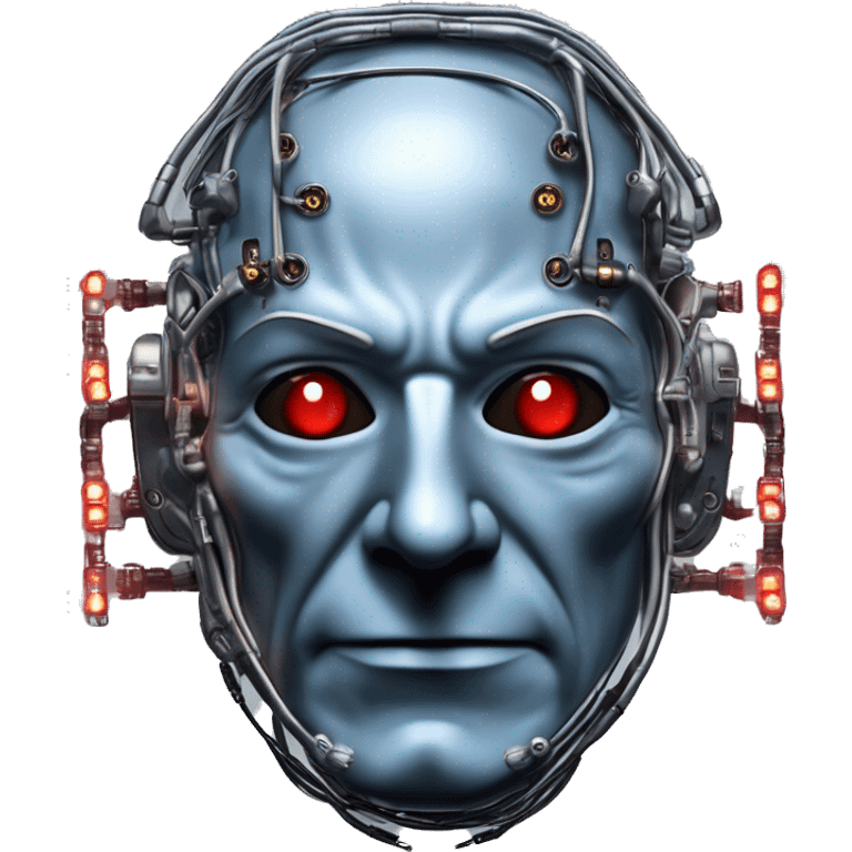 Jean luc picard from Star Trek assimilated by the Borg, with mechanical metal covering the left side of his face, with wires and a red light on the left side. Both his eyes are blue. emoji