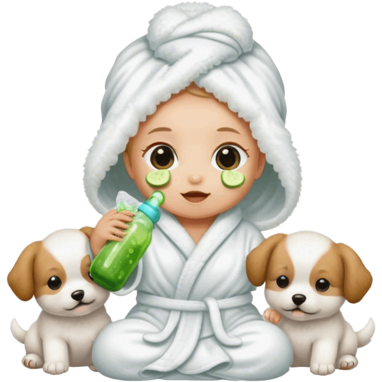 Baby drinking a bottle with cucumbers over her eyes wearing a white fluffy robe and next to puppies  emoji