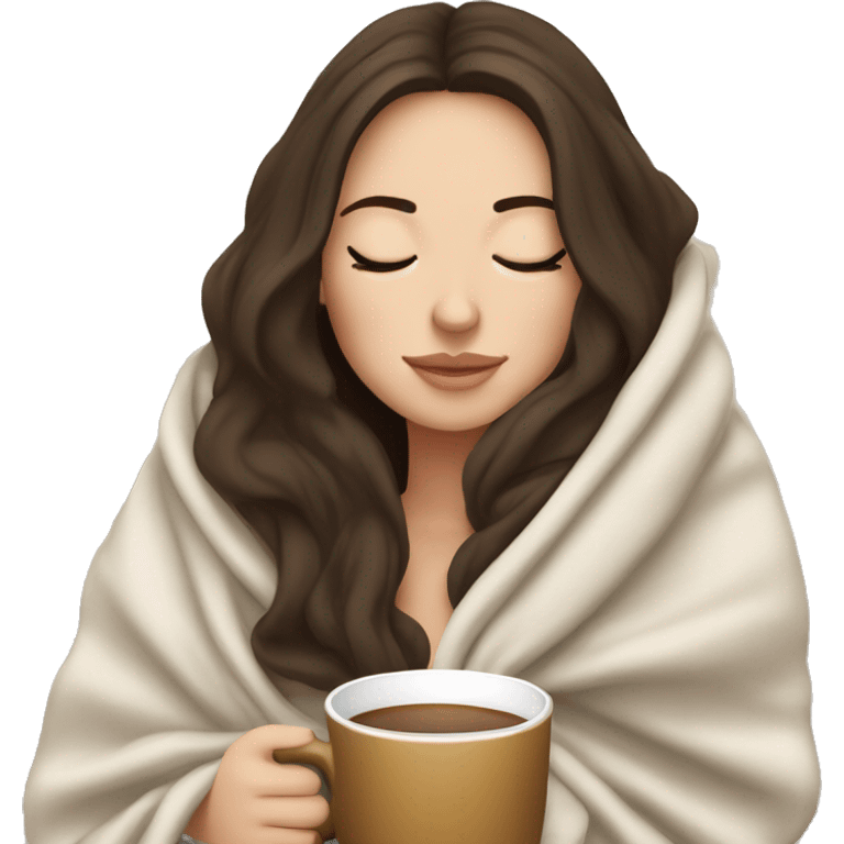 White girl brunette inside a blanket sipping coffee eyes closed emoji