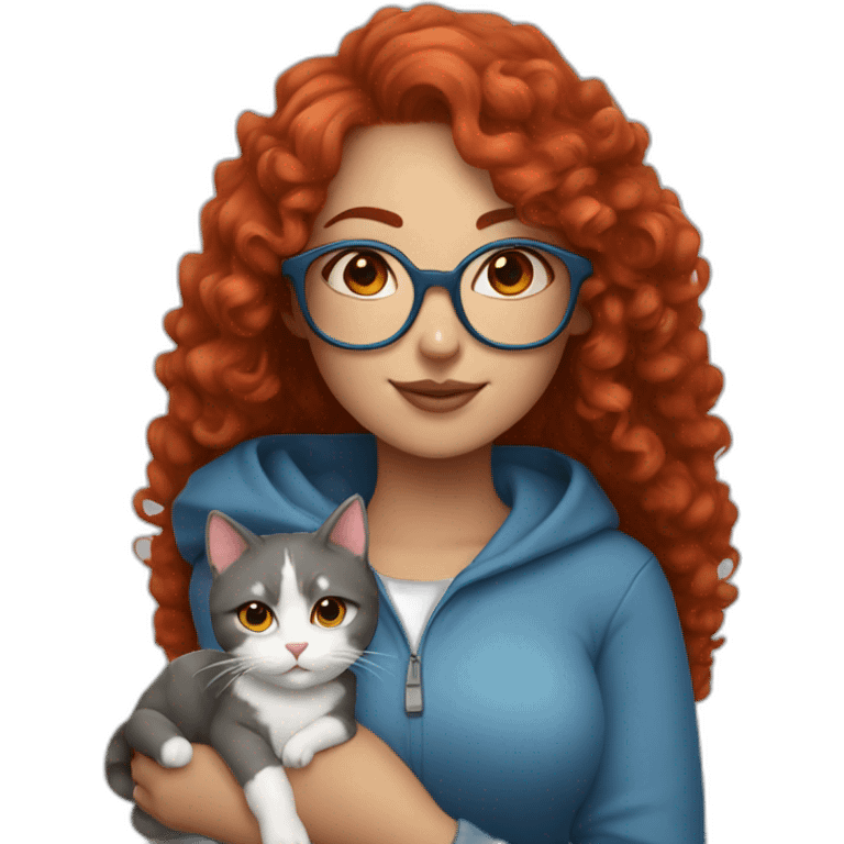 a curvy girl with red curly hair and blue glasses with a white and gray cat in her arms emoji