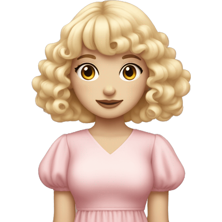 pale girl with bangs and long blonde curly hair and a pastel pink puff sleeve dress emoji