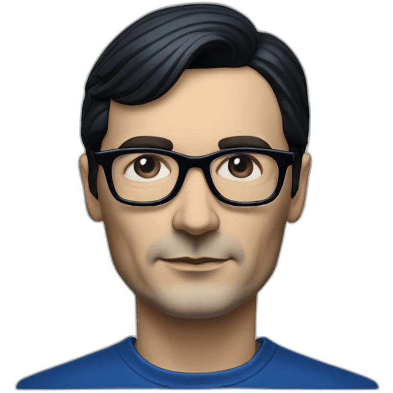 photo realistic Ralf Hutter from Kraftwerk, short straight black hair, black glasses, Dark Blue T-shirt, facing left emoji