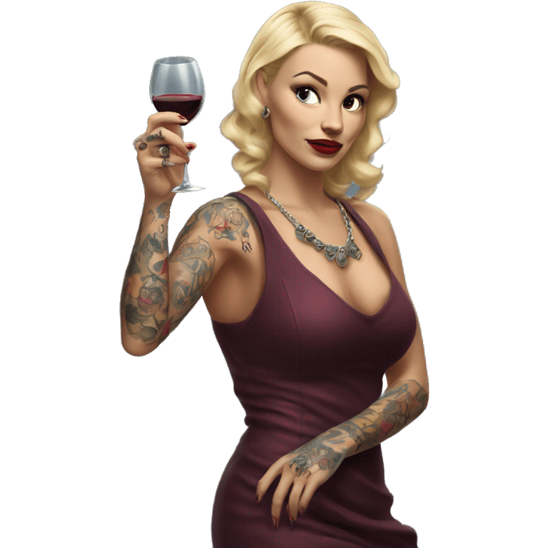 Blonde elegant women, her Body Covered with Tattoos, Wine in her ONE Hand, Pointing Forward with her Other Hand , Hyper realistic emoji