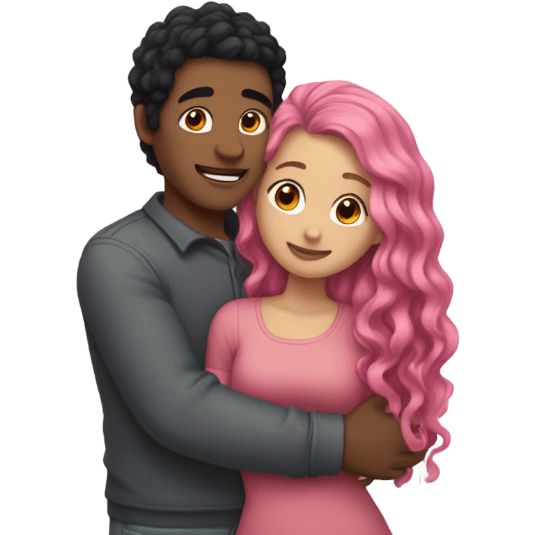 make a guy and a girl, they are hugging, the girl has pink long wavy hair. The guy has black hair and light skin. They are facing each other emoji