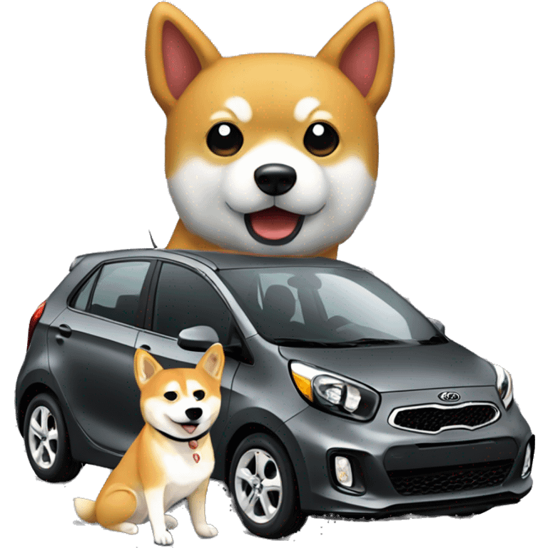 Dark grey Kia picanto with a Shiba Inu inside of it  emoji