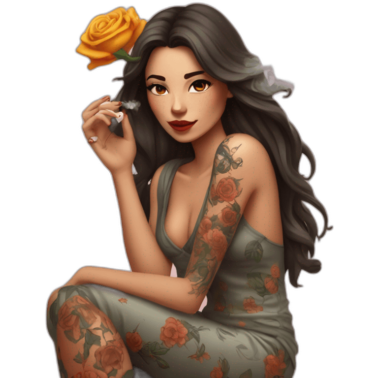 femme brune qui fume une cigarette avec tatouages de fleurs sur les bras emoji