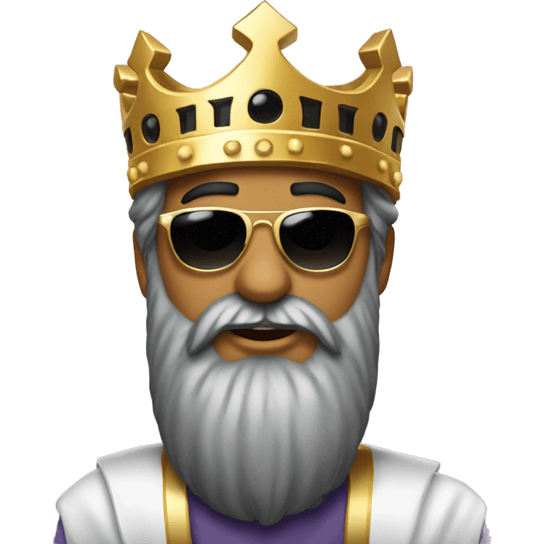 A man in an arafat with a large black beard and large square sunglasses, wearing a golden crown on top of the arafat emoji