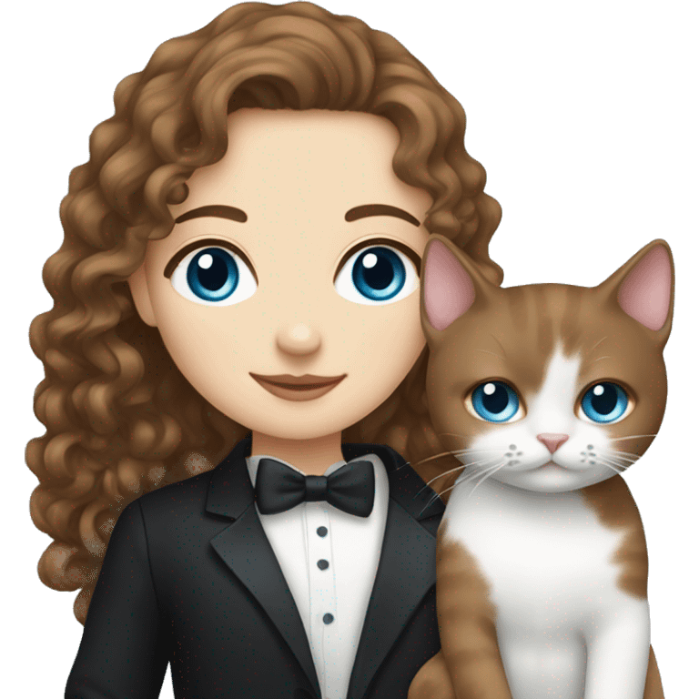 A white girl with brown curly hair and blue eyes holding her tuxedo cat emoji