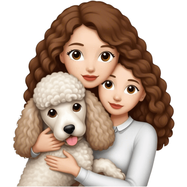 White standard poodle and long hair brown skin woman hug emoji