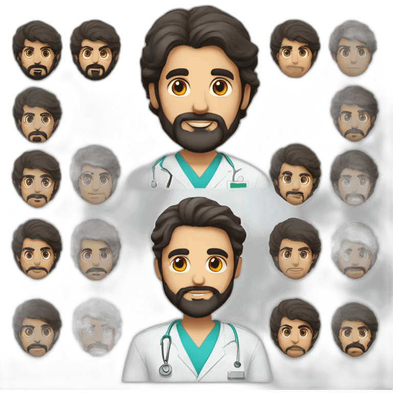 An Iranian man with fair skin, with long hair and an English model, with a medical uniform and a medium-shaded black beard, handsome black eyes and a round face and big lips. emoji