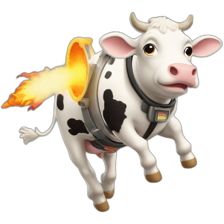 cow with udder flying to space while wearing a jetpack that is emitting flames emoji