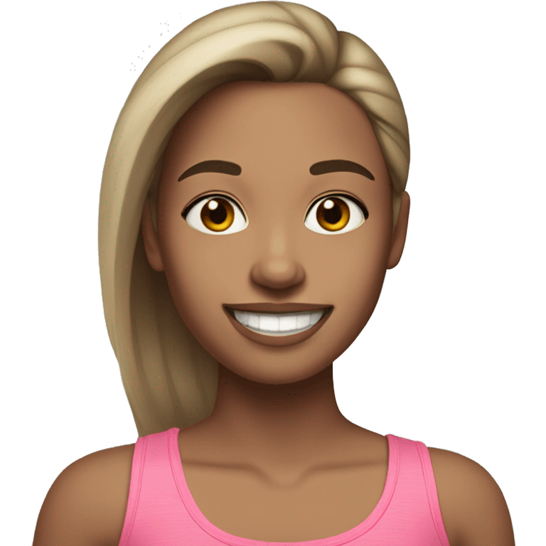 Girl with pink tank top and lighter skin straight brown hair with light blonde highlights with makeup smiling and long hair emoji