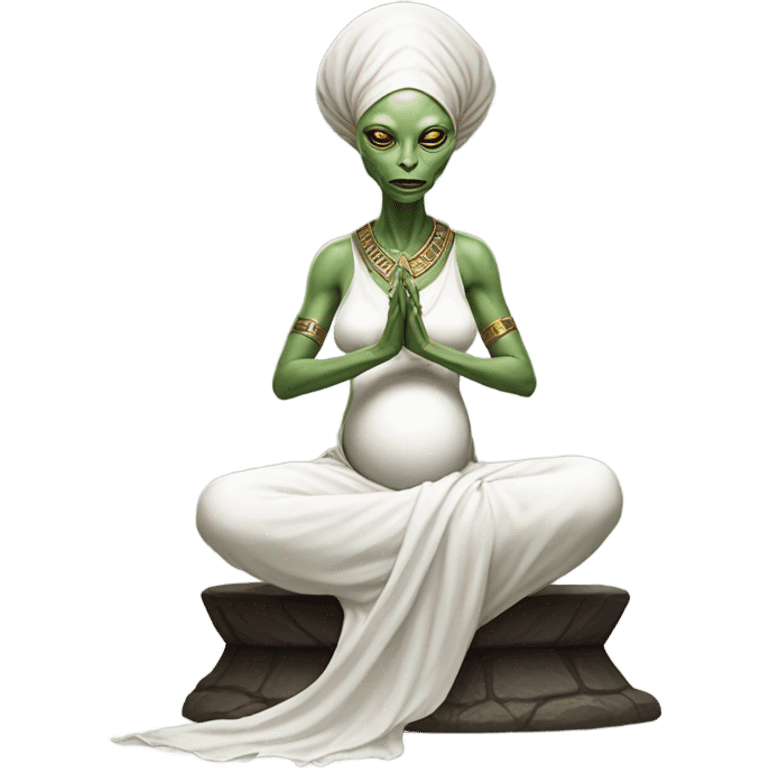 a Reptilian alien woman, pregnant, in meditation, white dress like a priestess emoji