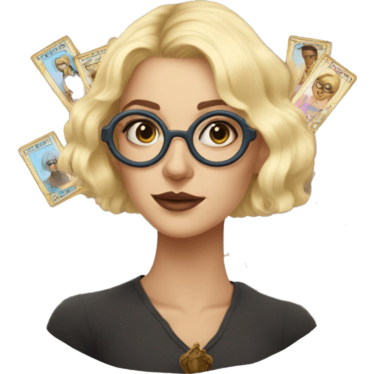 Blonde weird Karen with circular glasses and tarot cards emoji