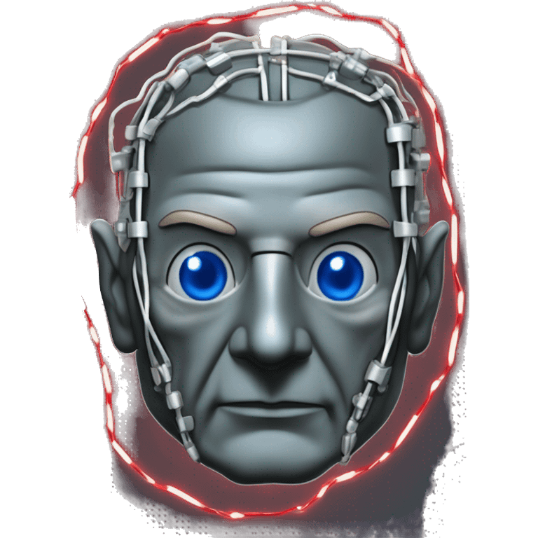 Jean luc picard from Star Trek assimilated by the Borg, with mechanical metal covering the left side of his face, with wires and a red light on the left side. His eyes are blue emoji