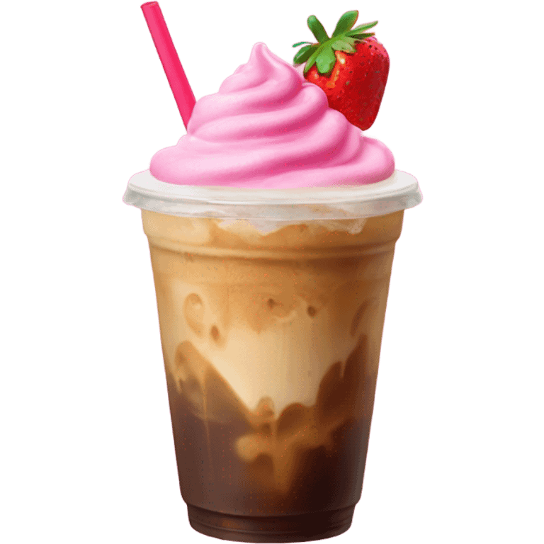 Iced Coffe with pink foam and strawberry on top  emoji