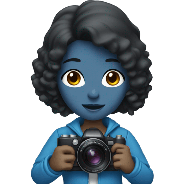 a girl with black hair, in a blue jacket, holding a camera in her hands emoji