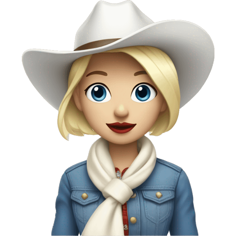 cowgirl with a white hat and white scarf and blonde short hair with red lipstick and blue eyes emoji