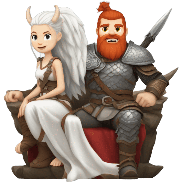  White Viking red head pale skin beautiful dragon  queen with a Viking solder with a gray man bun built white solder on a dragon  emoji