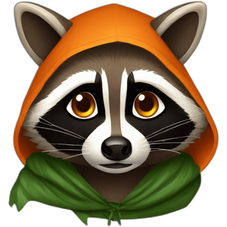 brown raccoon with orange eyes and a dark green hood that is crying emoji