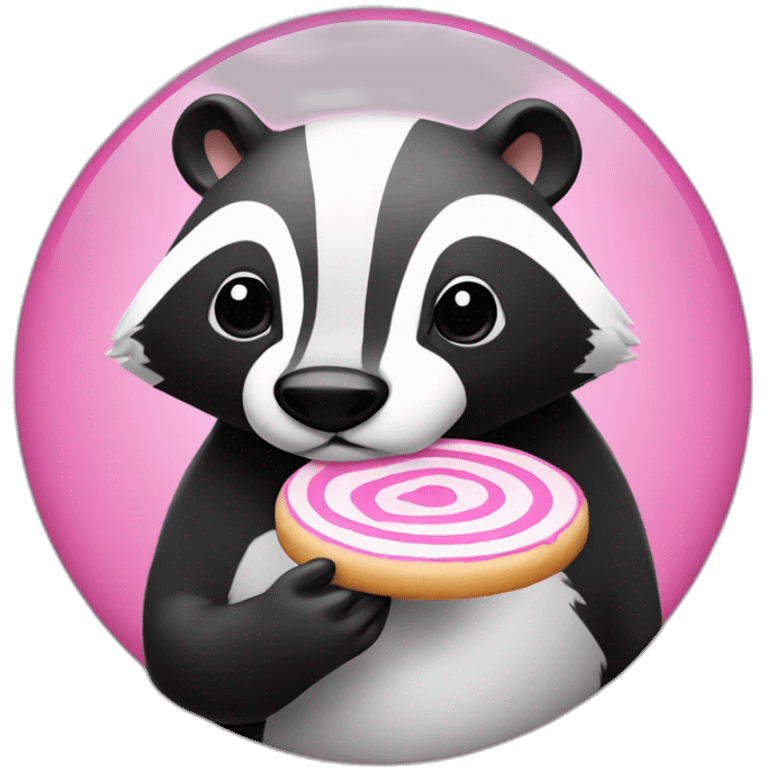 A badger with a white cookie with pink Swirl emoji