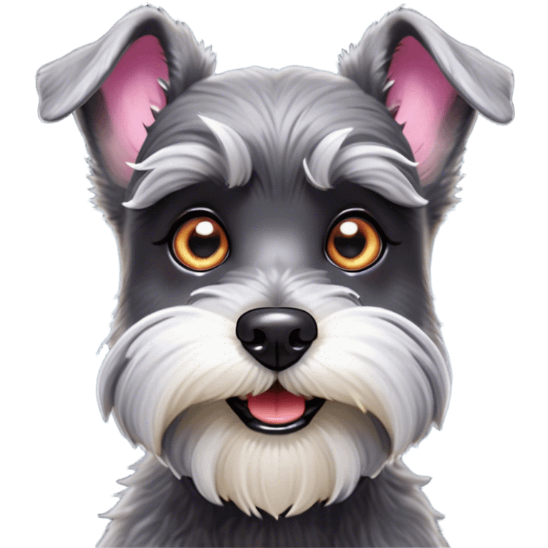 Cinematic Comical Miniature Schnauzer Portrait Emoji, Head tilted dramatically with a comically shocked expression and large, animated eyes, featuring a sharply defined salt-and-pepper fur with exaggerated, humorous eyebrows, simplified yet hilariously detailed, glowing with a bold, playful radiance, high shine, exuding a spirited and cheeky charm, styled with a soft glowing outline, capturing the essence of a Miniature Schnauzer that appears ready to dash into a burst of comic energy! emoji