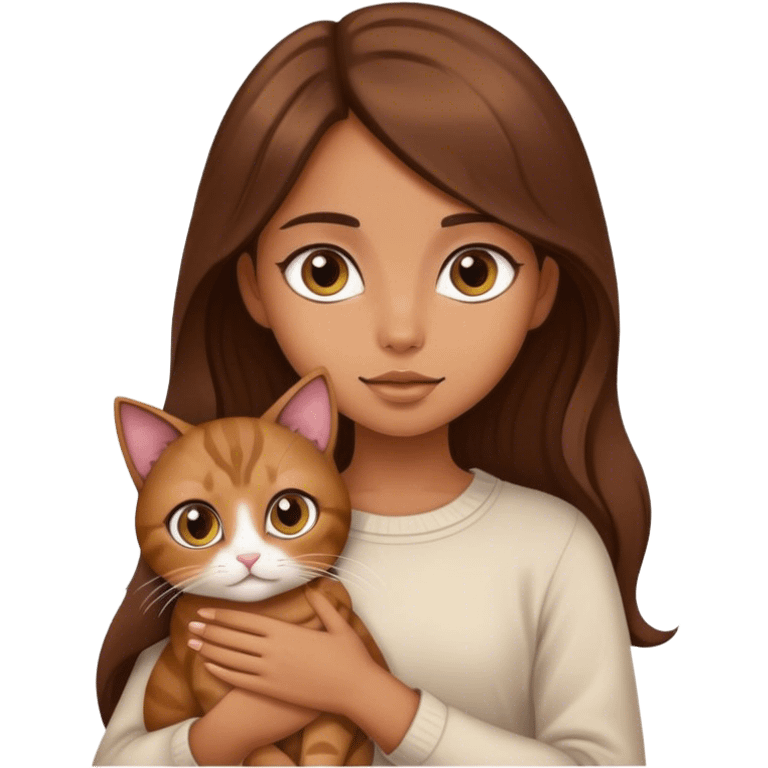 A girl with long brown hair and big eyes, holding a cat emoji