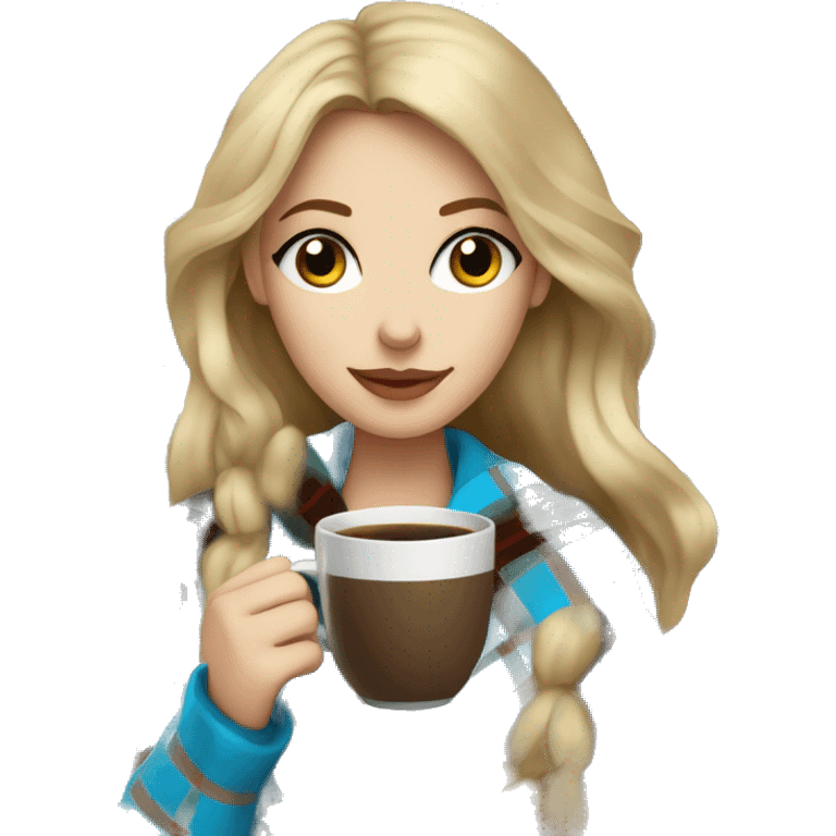 Dark blonde hair woman with blue eyes wrapped in plaid blanket drinking coffee emoji