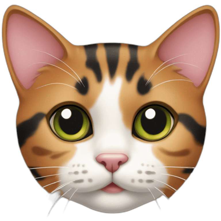 young striped calico cat face with a pink nose, white chin, green eyes, and orange/brown markings, orange tip on one ear emoji