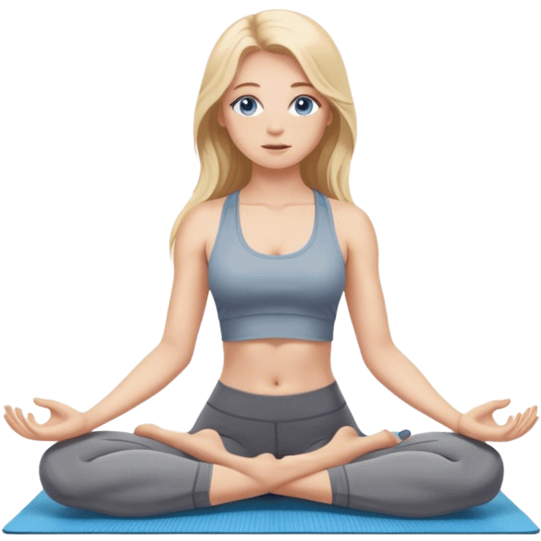 A cinematically realistic blonde with long hair and blue eyes, dressed in a gray tank top and leggings, does yoga on a mat emoji