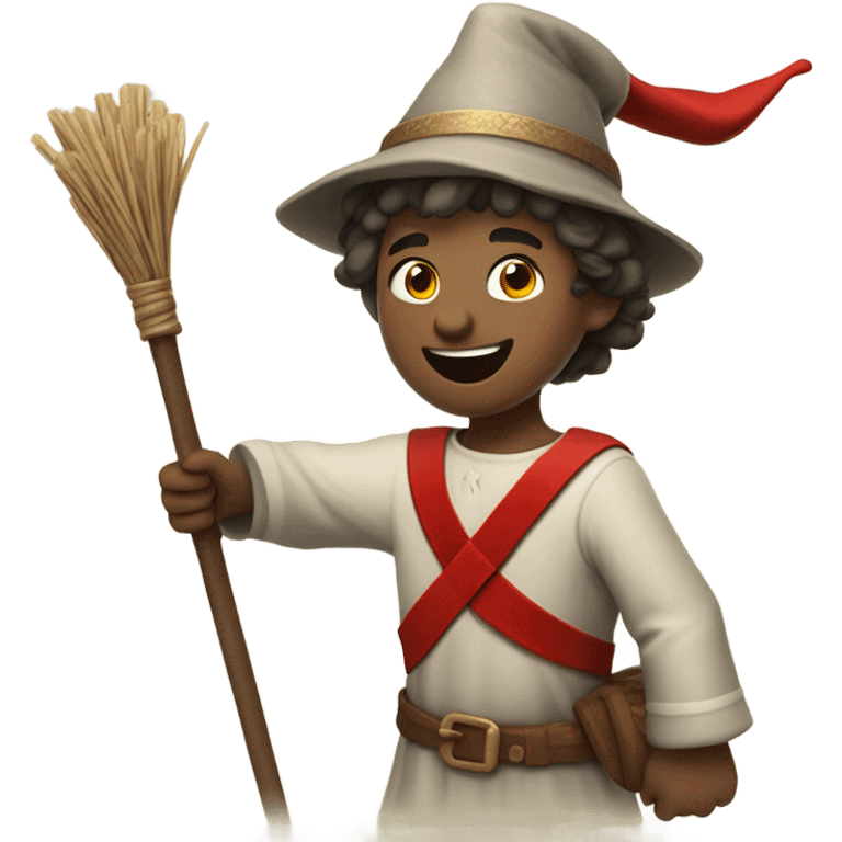 happy 13th century European pilgrim boy with staff, red stockings, short tunic and hat raising his hand in victory emoji