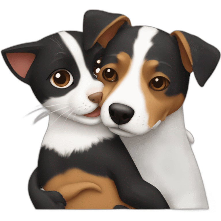 Black tabby cat hugging brown Jack Russell dog hugging emoji