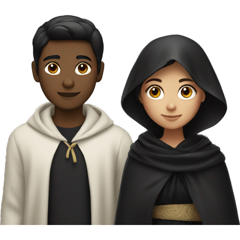 black haired boy and girl in black shawl emoji