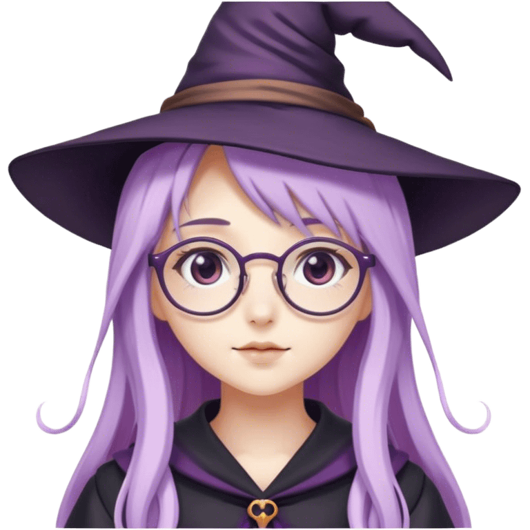 cute anime girl with long lilac hair wearing a witch hat and glasses emoji