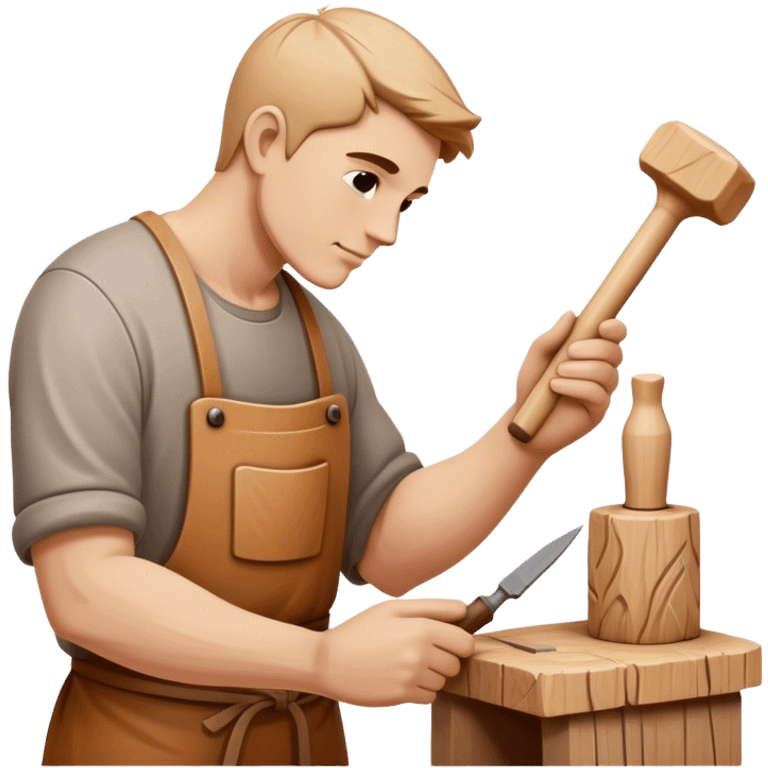 Wood carving a wooden sculpture, chisel and mallet in hand, carved wooden figure in progress, natural wood texture, minimalistic style, clean lines, transparent background. emoji