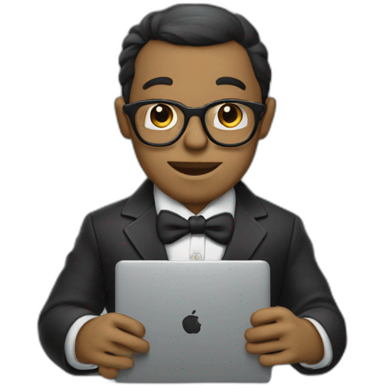 A chipanzee using laptop with well dressed emoji