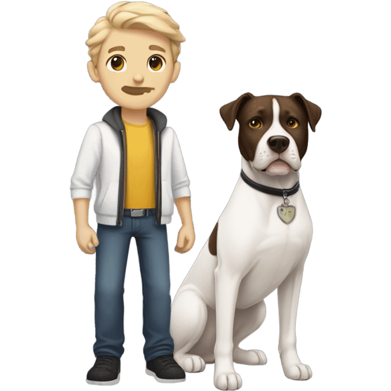 white male with dark brown hair and a lightly scruffy beard standing alongside a white pitbull emoji