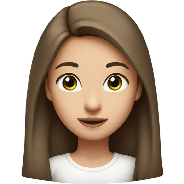 girl with long sleek brown hair, light green eyes and natural makeup. her facial expressions should be neutral with soft, arched eyebrows and a slight smile, wearing a white t-shirt. emoji